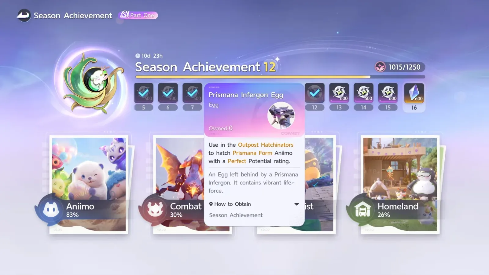 Aniimo Prismana Infergon Egg card on the Season Achievement track: use in the Outpost Hatchinators to hatch a Prismana Form Aniimo with a Perfect Potential rating