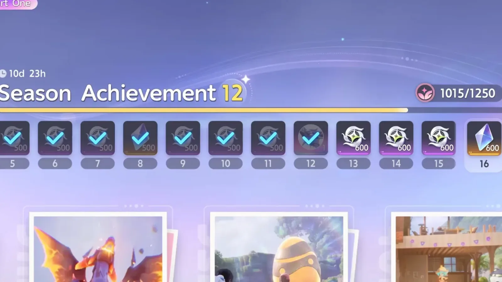 Aniimo Season Achievement at rank 12 with 1015/1250 points and a 10d 23h countdown, ranks 5 to 16 along the reward bar