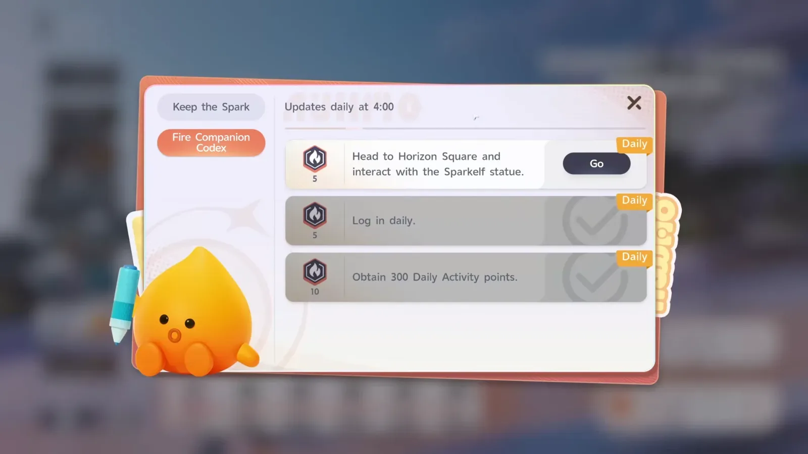 Aniimo SPARKELF Keep the Spark daily tasks, updated daily at 4:00: interact with the Sparkelf statue, log in daily, obtain 300 Daily Activity points