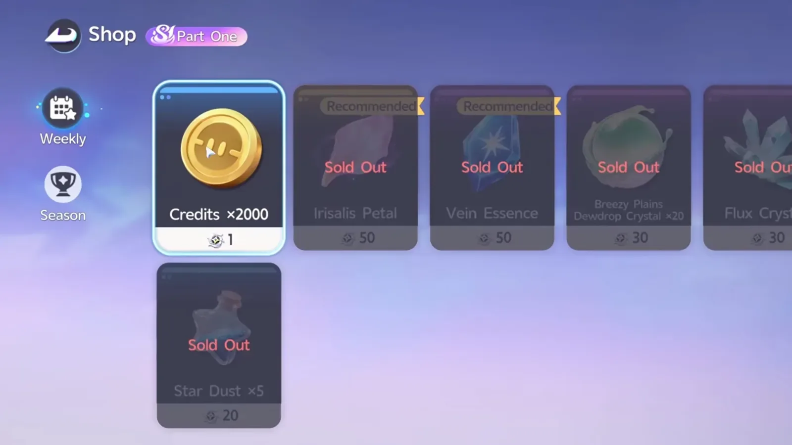 Aniimo Stamp Shop Part One Weekly tab: Credits x2000, Irisalis Petal and Vein Essence at 50, Breezy Plains Dewdrop Crystal x20 and Flux Crystal at 30, Star Dust x5 at 20