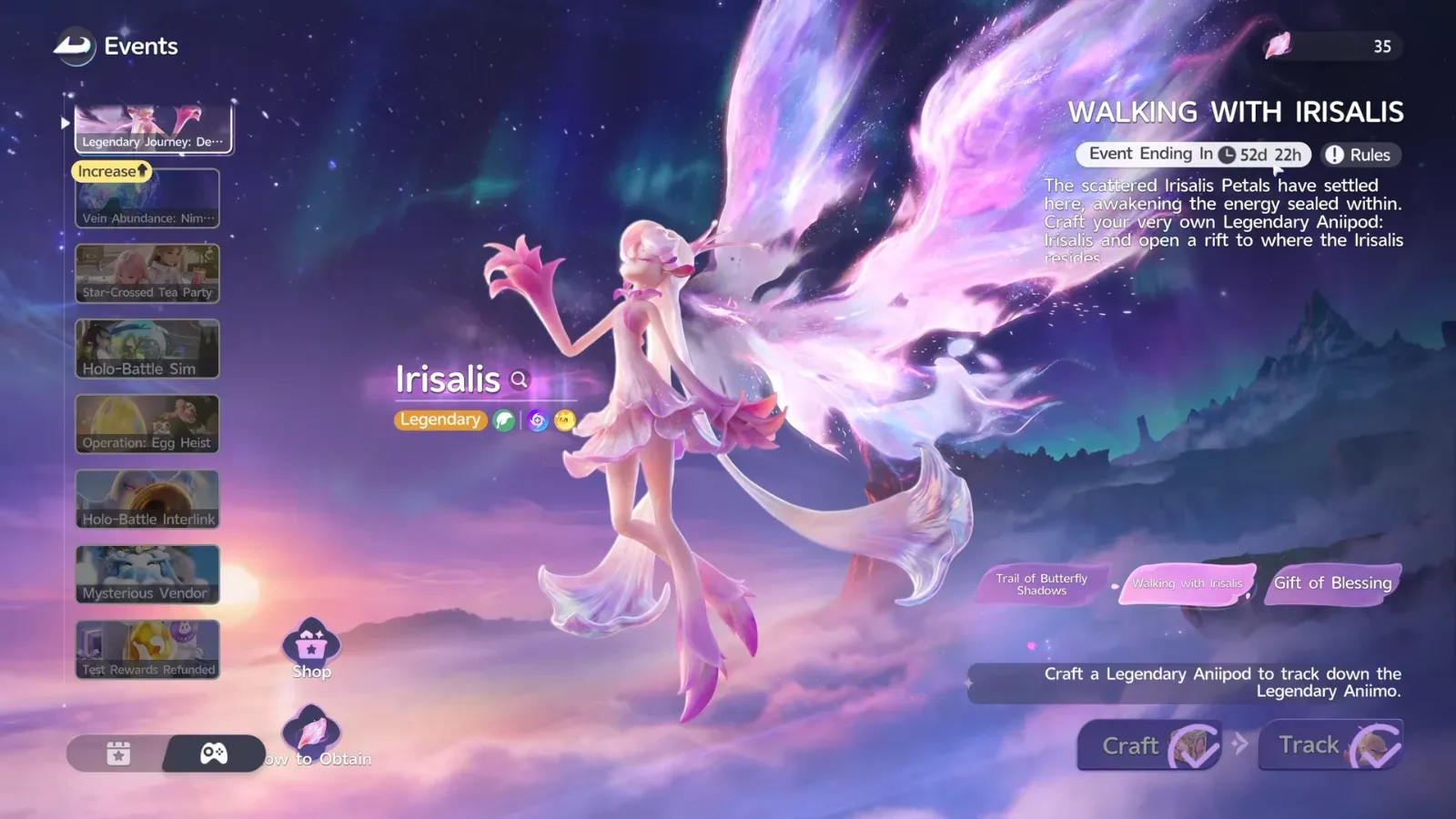 Aniimo Walking with Irisalis event screen with Irisalis, Legendary, and an Event Ending In 52d 22h timer beside Craft and Track buttons