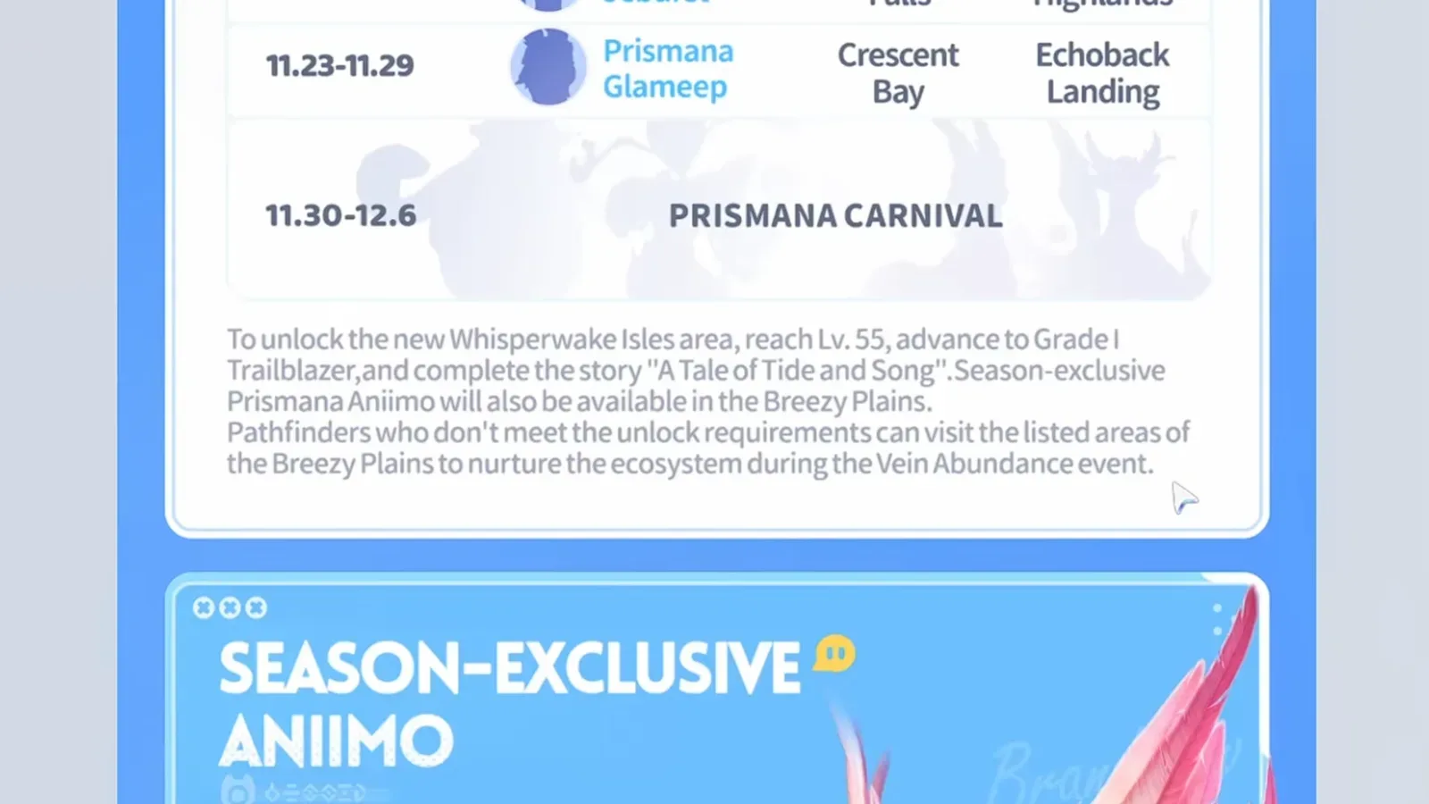 Aniimo Part 2 update preview text: to unlock Whisperwake Isles reach Lv. 55, advance to Grade I Trailblazer and complete the story A Tale of Tide and Song