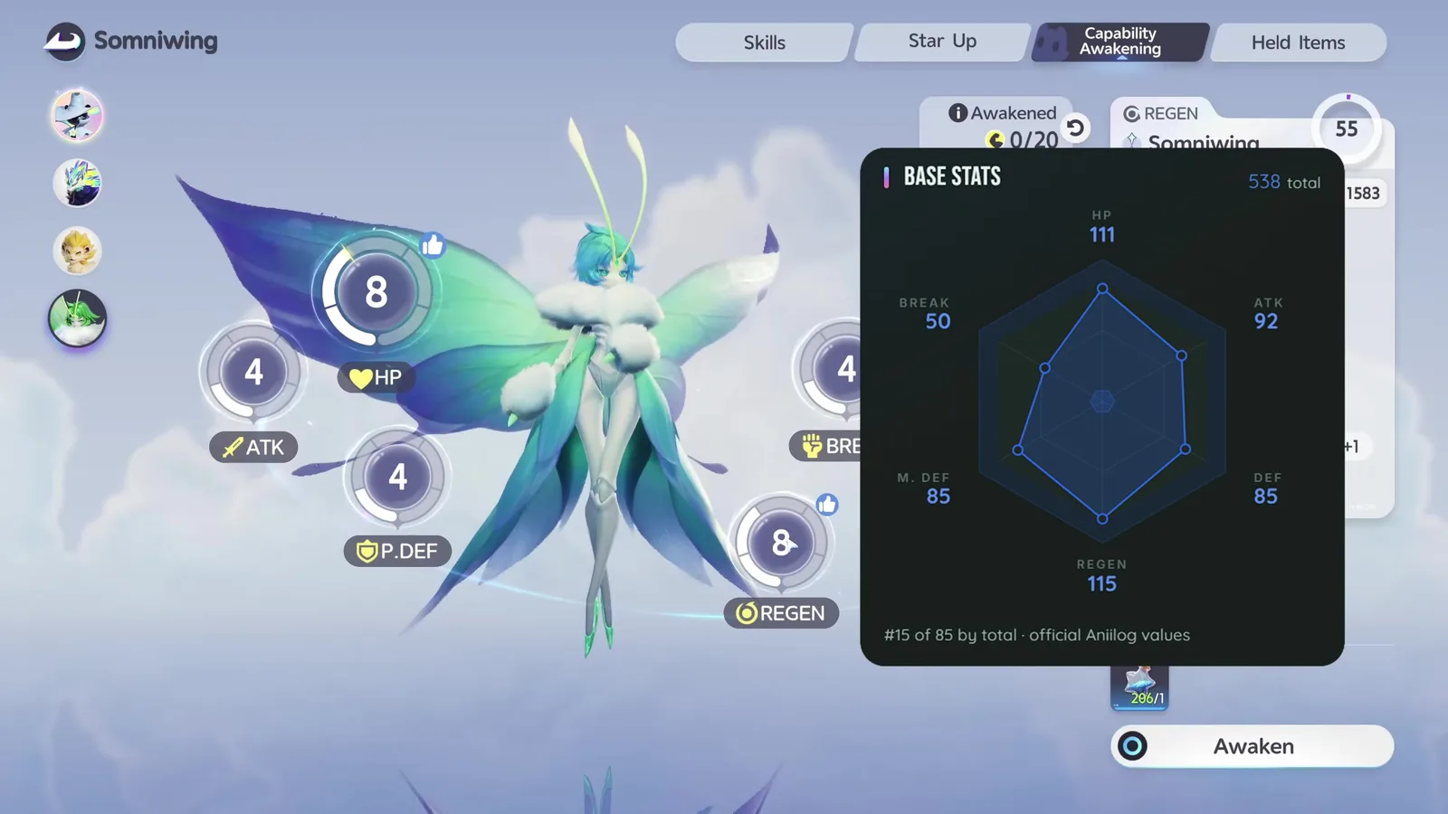 Somniwing’s Capability Awakening screen in Aniimo with the base stats hexagon: HP 111, ATK 92, DEF 85, M.DEF 85, BREAK 50 and REGEN 115, 538 total