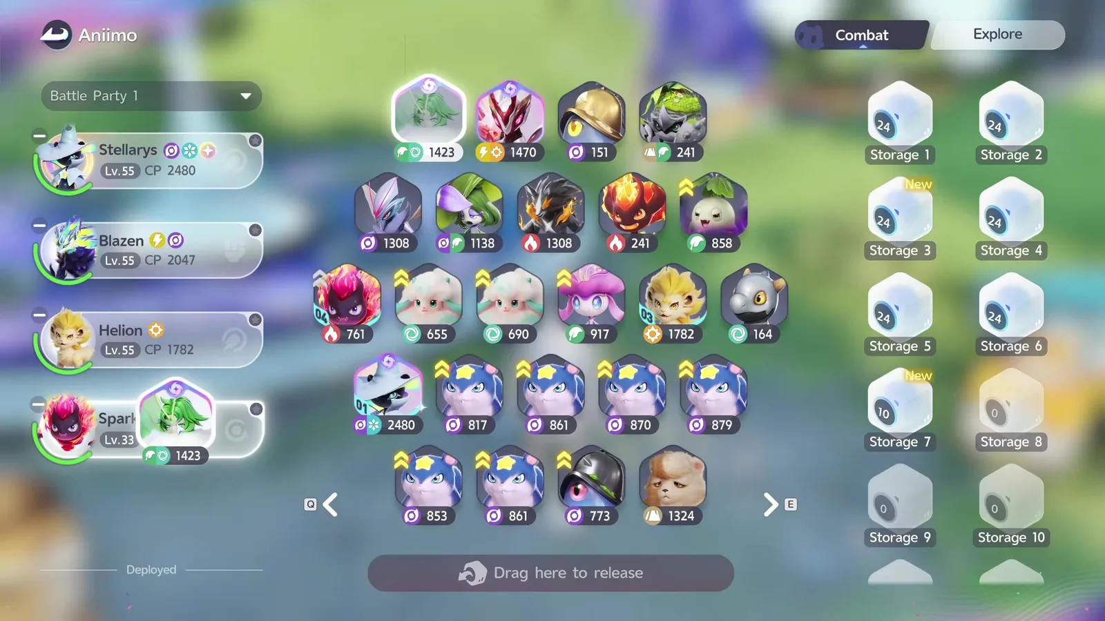 Aniimo’s Battle Party screen with Stellarys, Blazen and Helion at Lv.55 and Somniwing at CP 1423 being dragged into the fourth slot