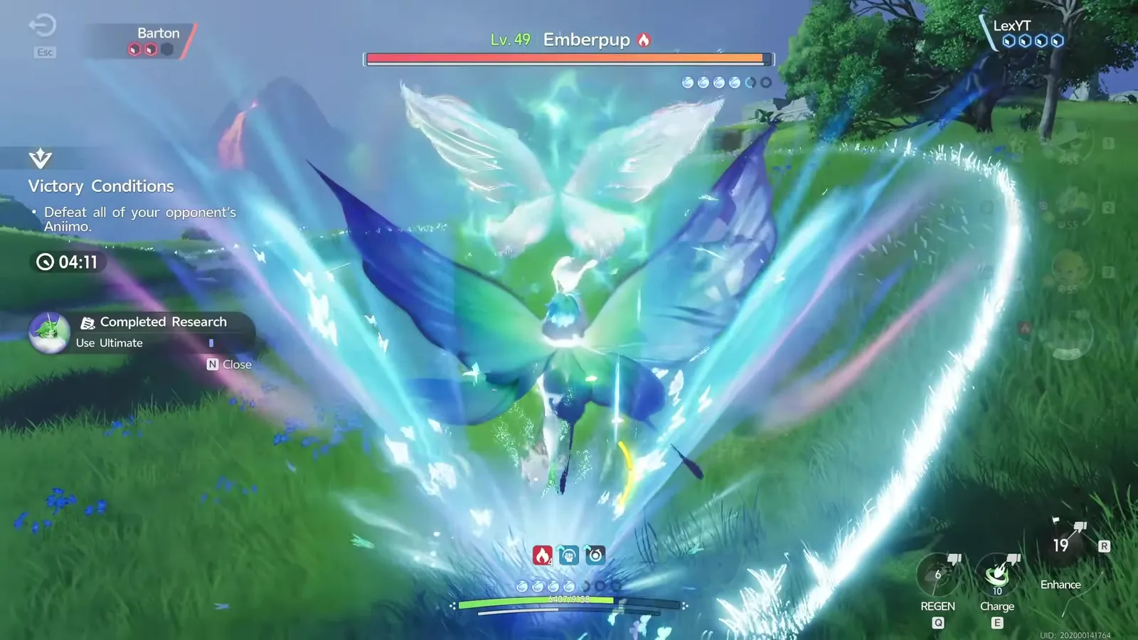 Somniwing casting Butterfly Dance in an Aniimo battle against a level 49 Emberpup, white wings opening over her own, with a Completed Research toast reading Use Ultimate