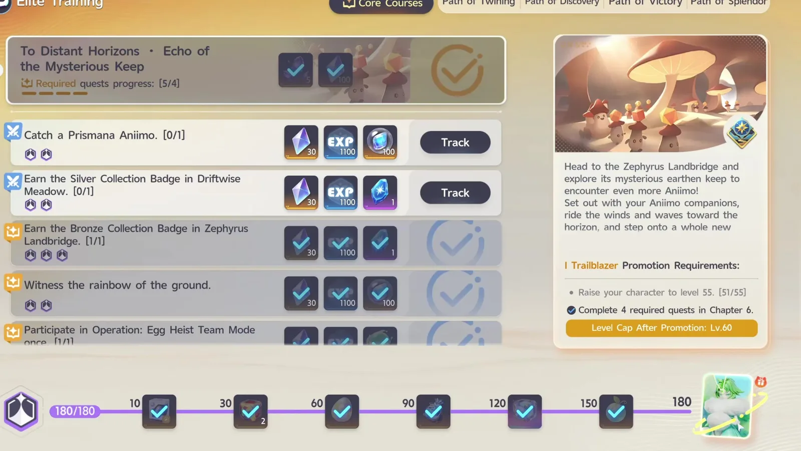 Aniimo’s Elite Training on Core Courses Chapter 6, its reward track reading 180/180 with stops at 10, 30, 60, 90, 120 and 150 and the Somniwing card at the end