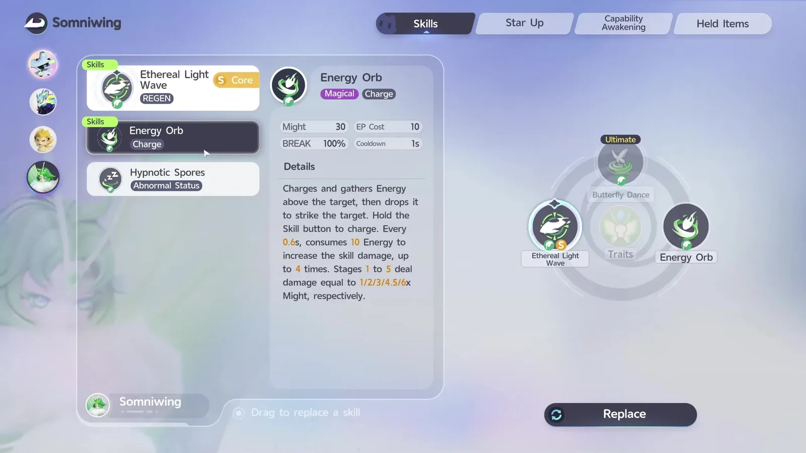 Somniwing’s Energy Orb skill card in Aniimo, Might 30, EP Cost 10, five charge stages dealing 1, 2, 3, 4.5 and 6 times Might