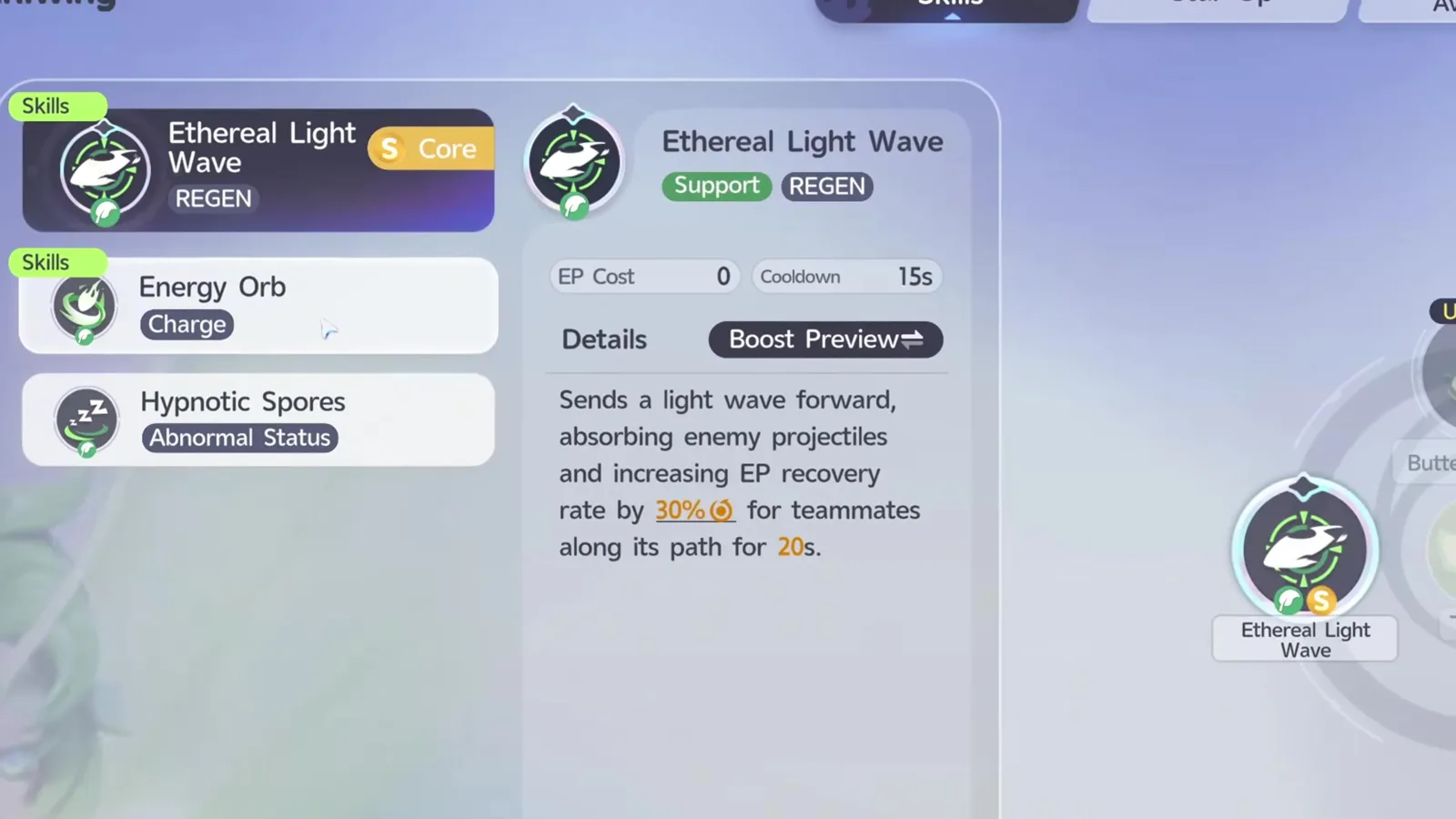 Somniwing’s Ethereal Light Wave skill card in Aniimo, tagged Core and Support REGEN, EP Cost 0, Cooldown 15s, raising EP recovery by 30% for 20s