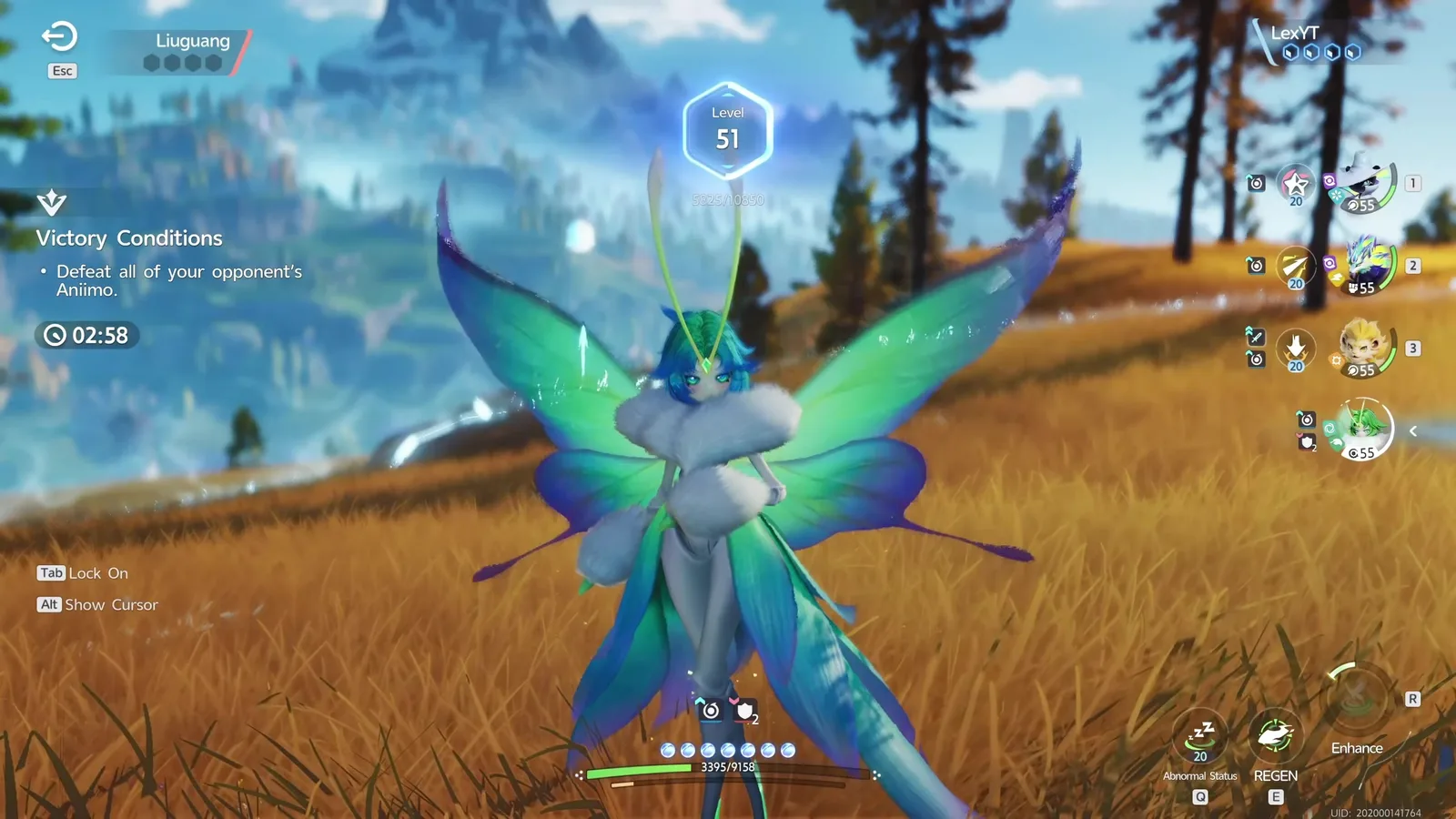 Somniwing hovering in the Aniimo overworld at Pathfinder level 51, wings spread over dry grass, with her EP pips and the Abnormal Status and REGEN buttons on the HUD