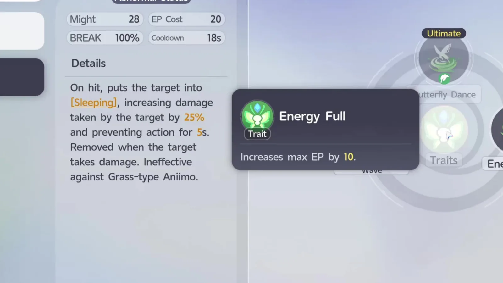 Aniimo’s Hypnotic Spores card for Somniwing, Might 28, EP Cost 20, Cooldown 18s, beside the Energy Full trait tooltip reading Increases max EP by 10