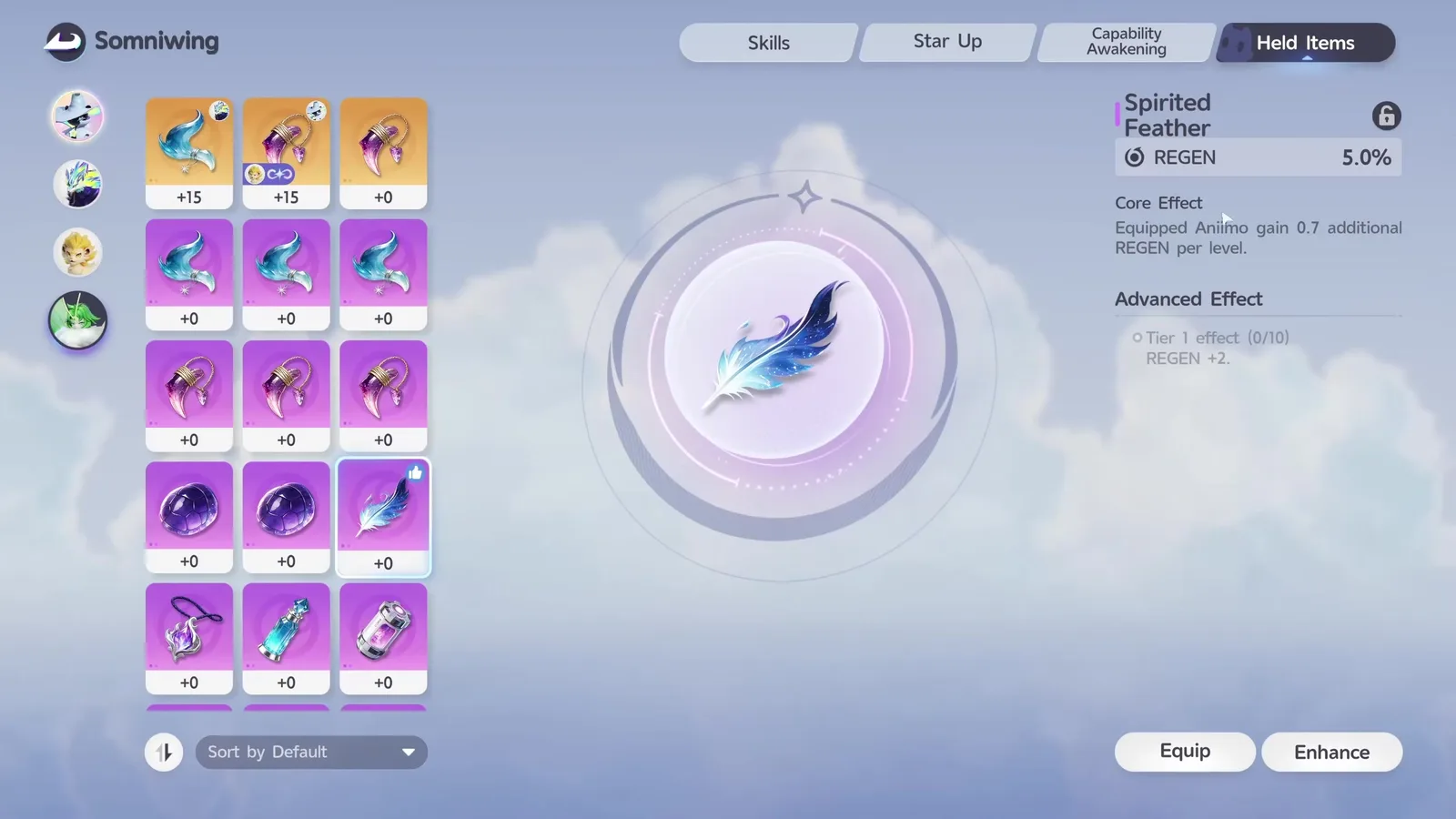 The Spirited Feather carried item on Somniwing’s Held Items tab in Aniimo, REGEN 5.0%, core effect giving 0.7 additional REGEN per level