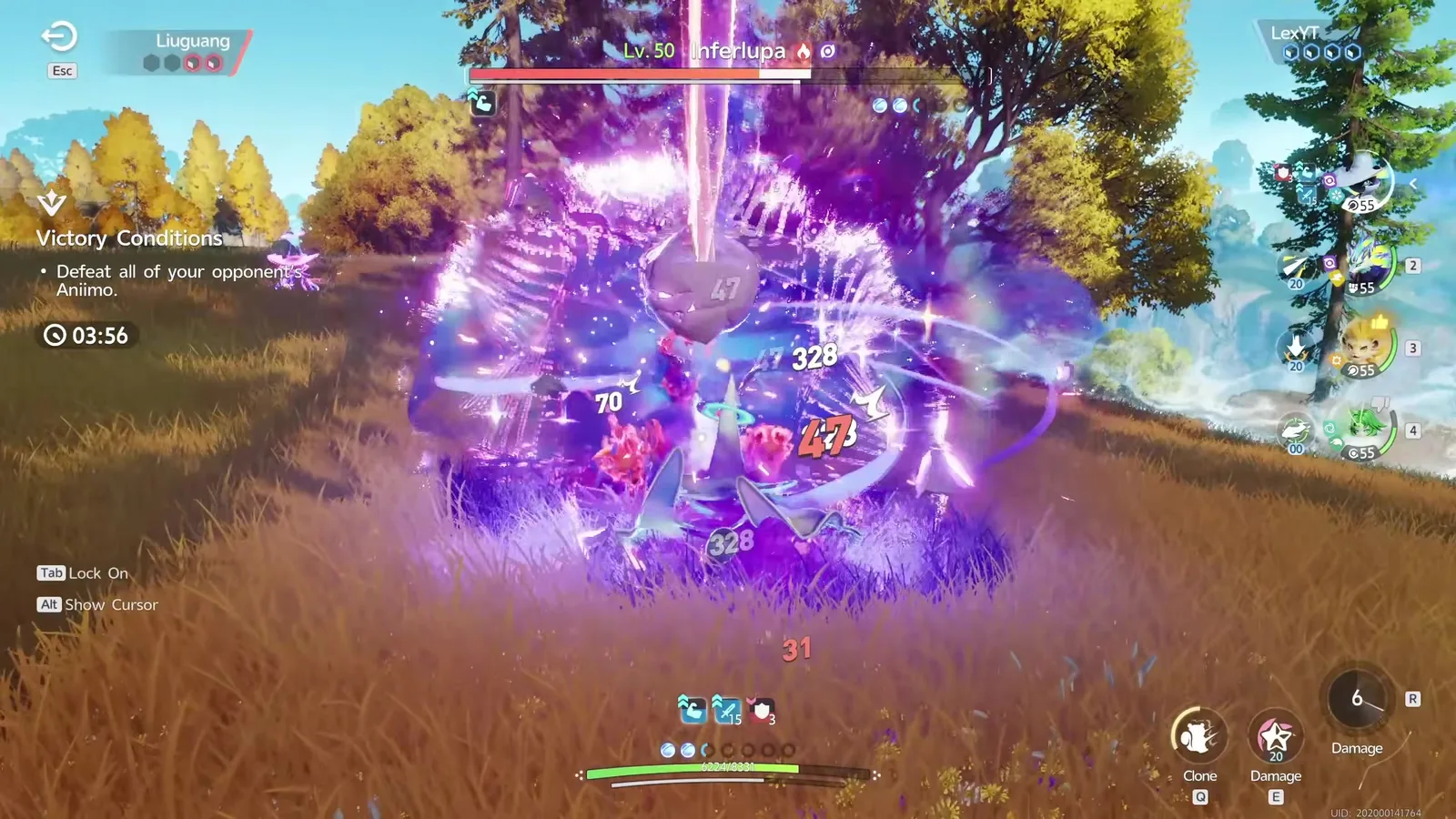 An Aniimo battle against a level 50 Inferlupa with damage numbers 328, 70 and 47 over the target while Somniwing waits in the fourth party slot