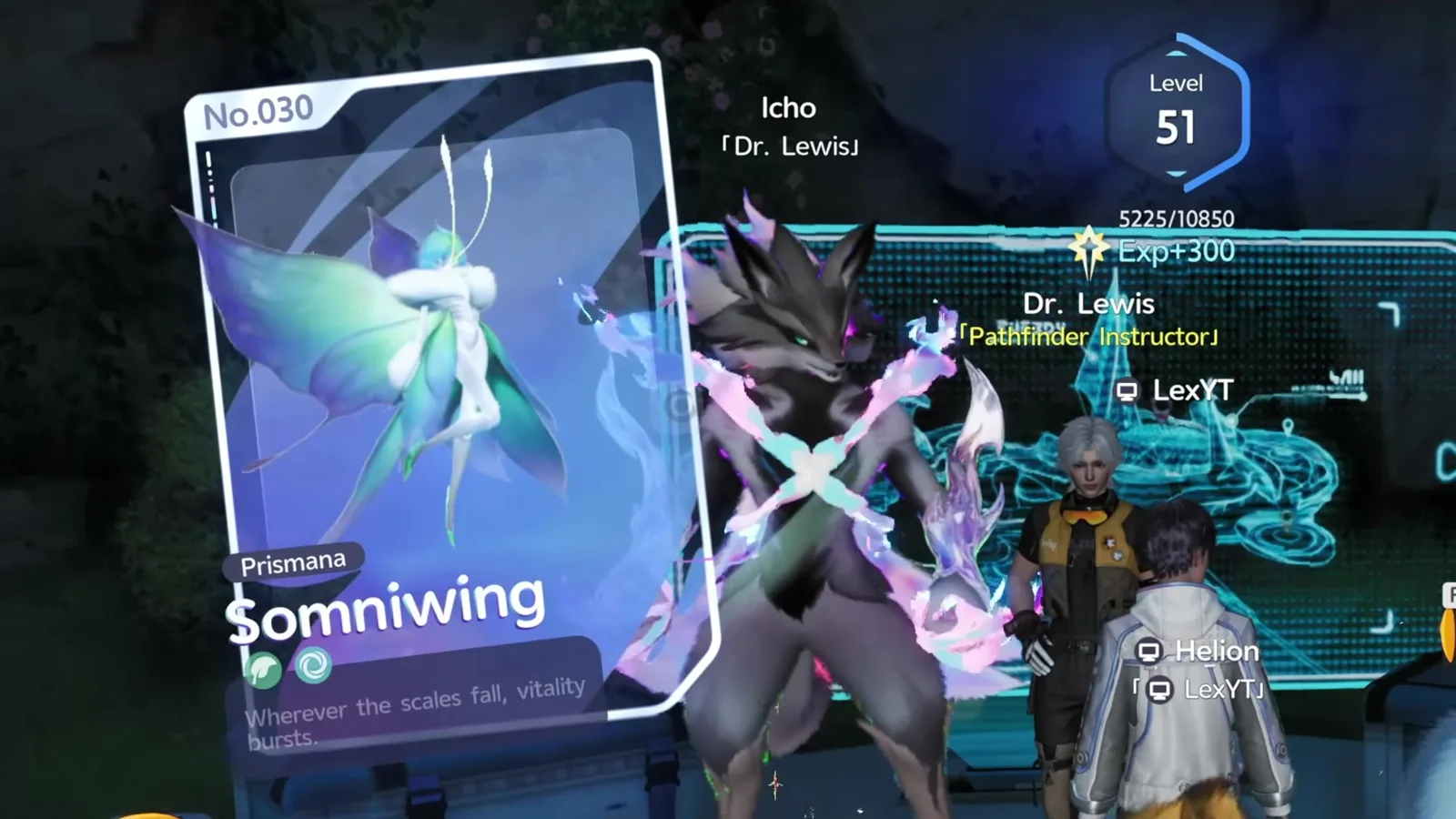 The Aniimo unlock card for Somniwing, tagged Prismana and Legendary, reading Wherever the scales fall, vitality bursts, beside Dr. Lewis and a wolf Aniimo