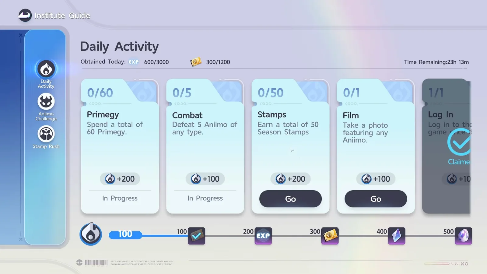 The Daily Activity panel: Primegy, Combat, Season Stamps, Film and Log In tasks with their point values, and the reward track up to 500 points