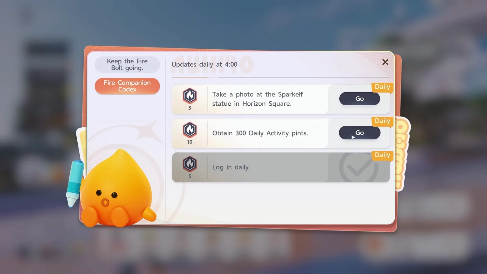 The Fire Companion Codex dailies: 5 Sparks for a photo at the Sparkelf statue in Horizon Square, 10 for 300 Daily Activity points, 5 for logging in