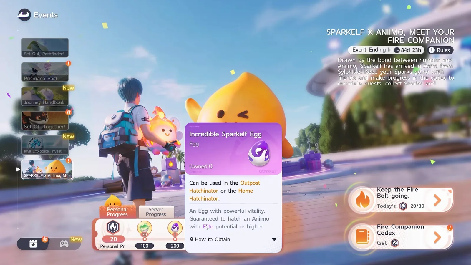 The Incredible Sparkelf Egg tooltip at the 200 Spark tier: guaranteed to hatch an Aniimo with Elite potential or higher, usable in the Outpost or Home Hatchinator