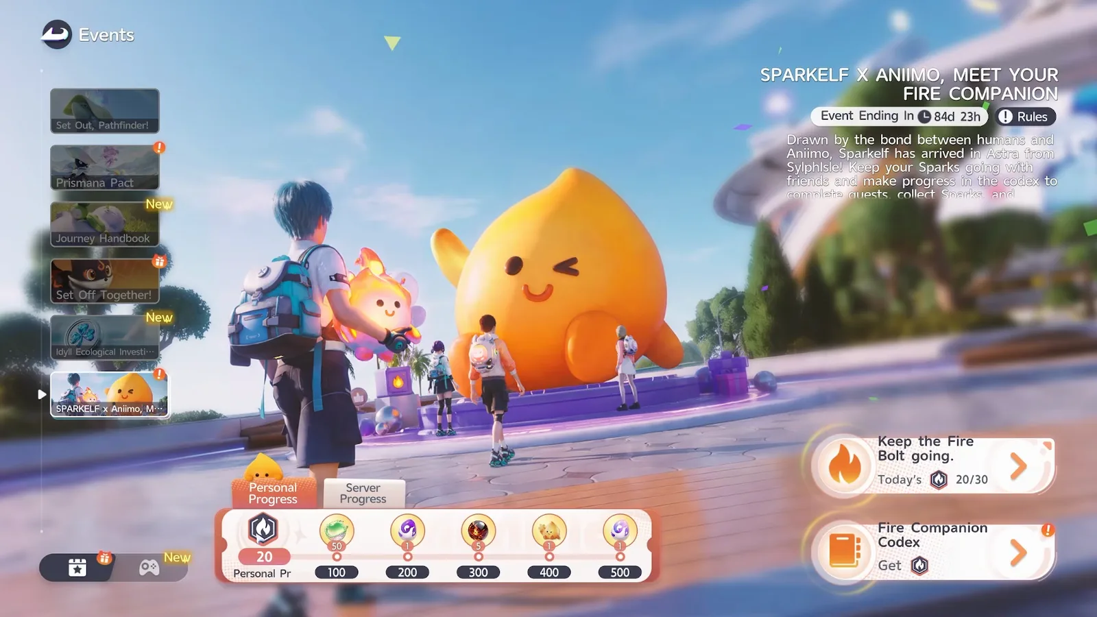 The Sparkelf x Aniimo event screen: Event Ending In 84d 23h, the Fire Companion Codex, and the personal progress track with rewards at 100, 200, 300, 400 and 500 Sparks
