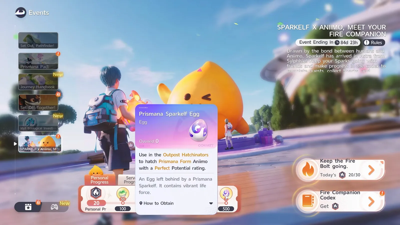 The Prismana Sparkelf Egg tooltip at the 500 Spark tier: hatches a Prismana Form Aniimo with a Perfect Potential rating in the Outpost Hatchinator