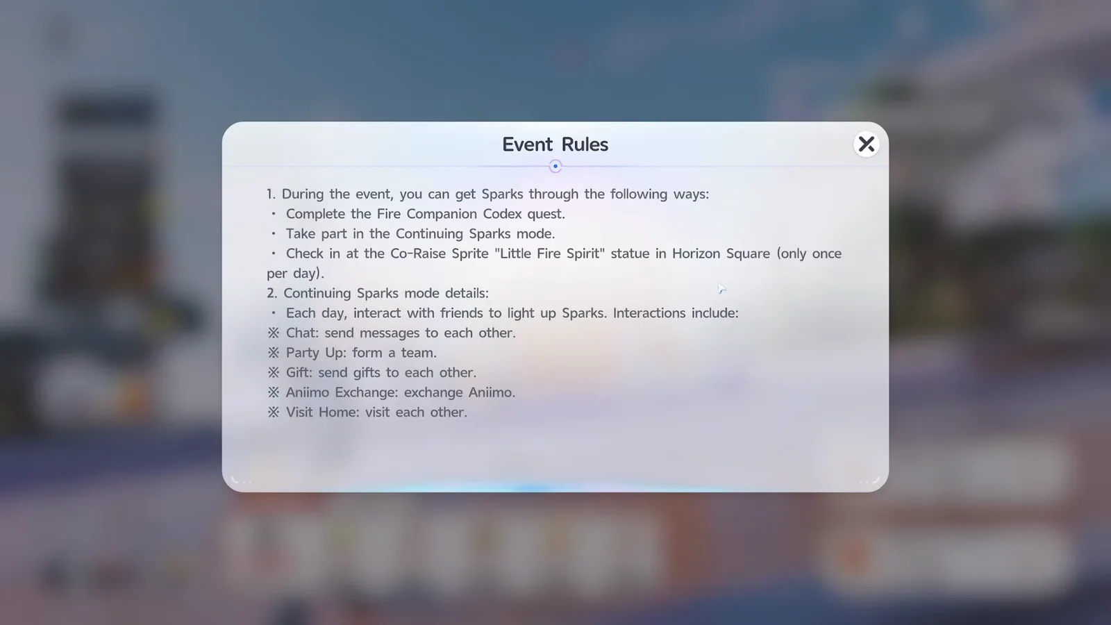 The Event Rules panel: Sparks come from the Fire Companion Codex, Continuing Sparks with friends, and the once-a-day check-in at the Little Fire Spirit statue in Horizon Square