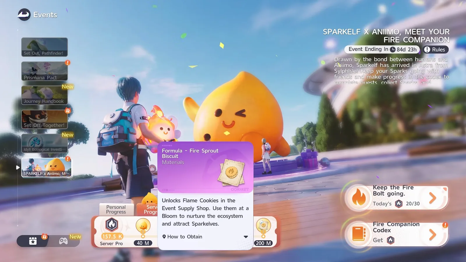 The server progress track with the Formula: Fire Sprout Biscuit tooltip, which unlocks Flame Cookies in the Event Supply Shop to attract Sparkelves at a Bloom
