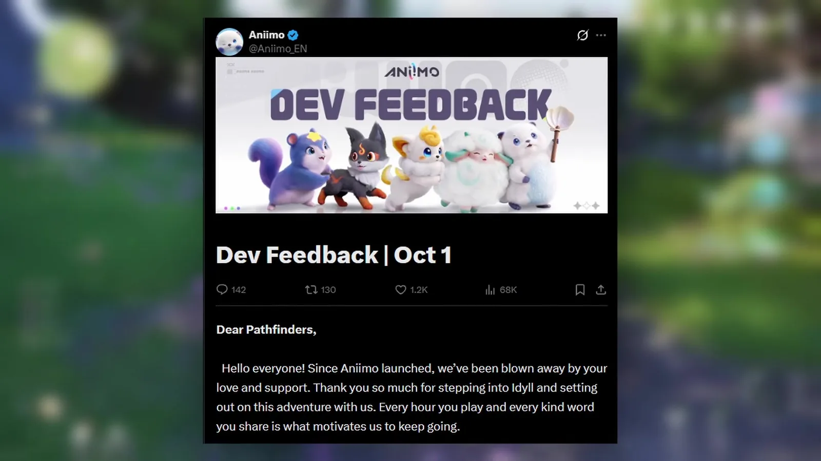 Aniimo Dev Feedback Oct 1 post from the official @Aniimo_EN account, with five Aniimo under a Dev Feedback banner and the opening Dear Pathfinders letter