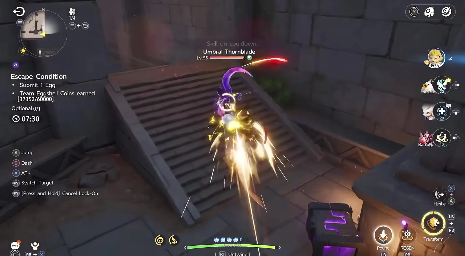 Aniimo Egg Heist run against a level 55 Umbral Thornblade, Escape Condition panel reading Submit 1 Egg and Team Eggshell Coins earned 37352 of 60000