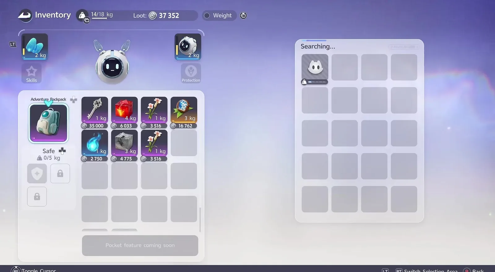 Aniimo Egg Heist inventory at 14 of 18 kg with Loot 37,352, an Adventure Backpack of priced items and a Safe slot at 0 of 5 kg
