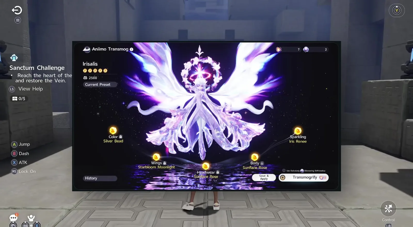 Aniimo Transmog screen for Irisalis: Color Silver Bead, Wings Starbloom Moonlight, Headwear and Body Sunflare Rose, Sparkling Iris Renee, Transmogrify at 8