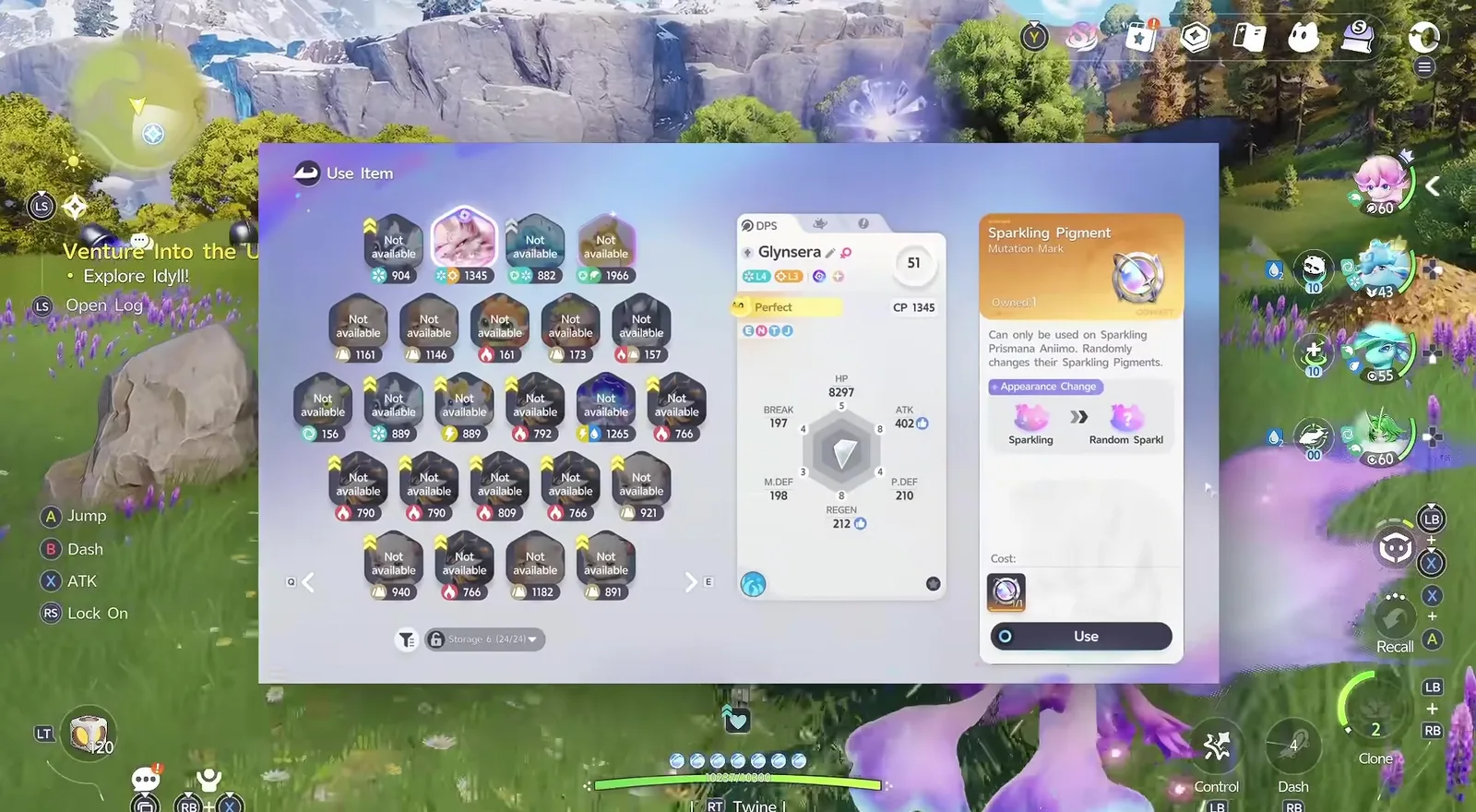 Aniimo Use Item screen for a Sparkling Pigment, Mutation Mark: only a level 51 Glynsera is available, the card reading Can only be used on Sparkling Prismana Aniimo
