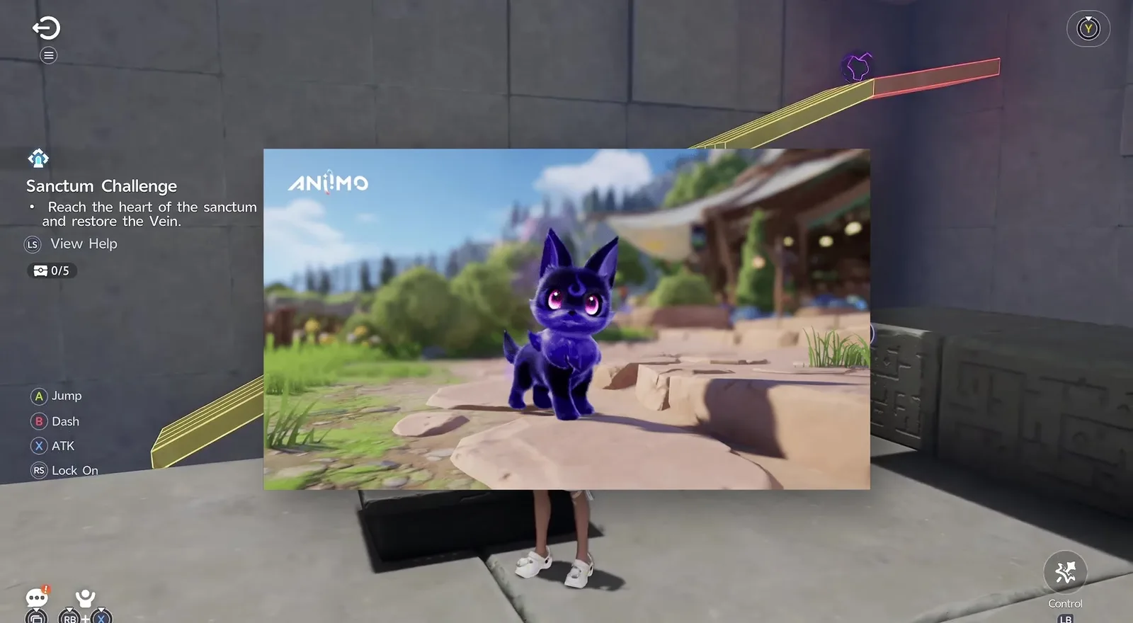 Aniimo official clip of an Umbral Aniimo, a small dark violet cat with glowing pink eyes and a crescent mark, shown in ZakkuVerse’s video