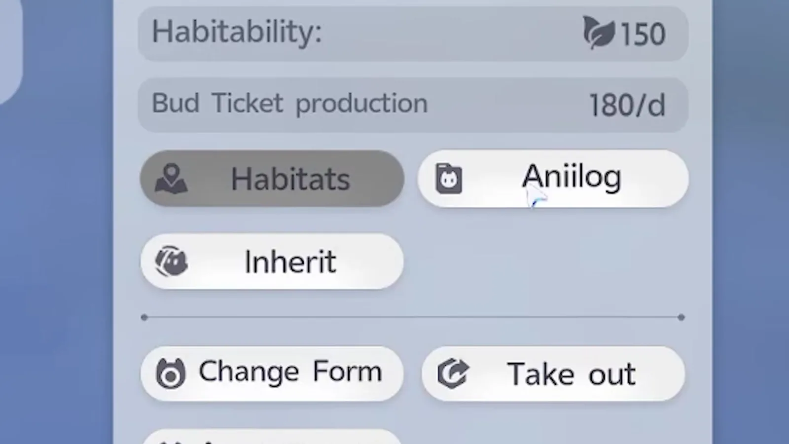 The Aniimo management info panel zoomed in, reading Habitability 150 and Bud Ticket production 180 per day above the Habitats, Aniilog, Inherit, Change Form and Take out buttons