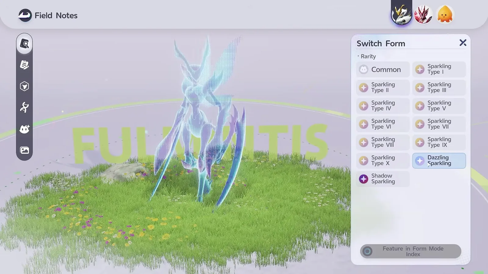 Dazzling Sparkling previewed on a Fulmintis in Aniimo, selected in the Switch Form list with a blue-lilac star badge, the model drawn as a pale translucent preview