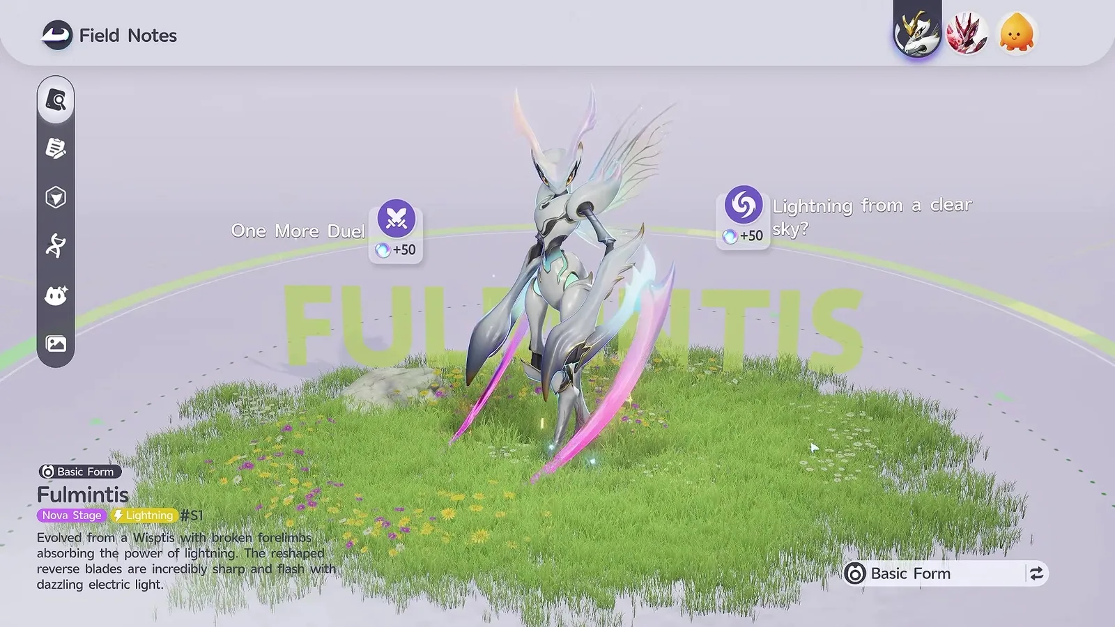 The Aniimo Field Notes page for Fulmintis, tagged Nova Stage and Lightning as entry number S1, with the Basic Form swap button in the bottom right corner of the screen