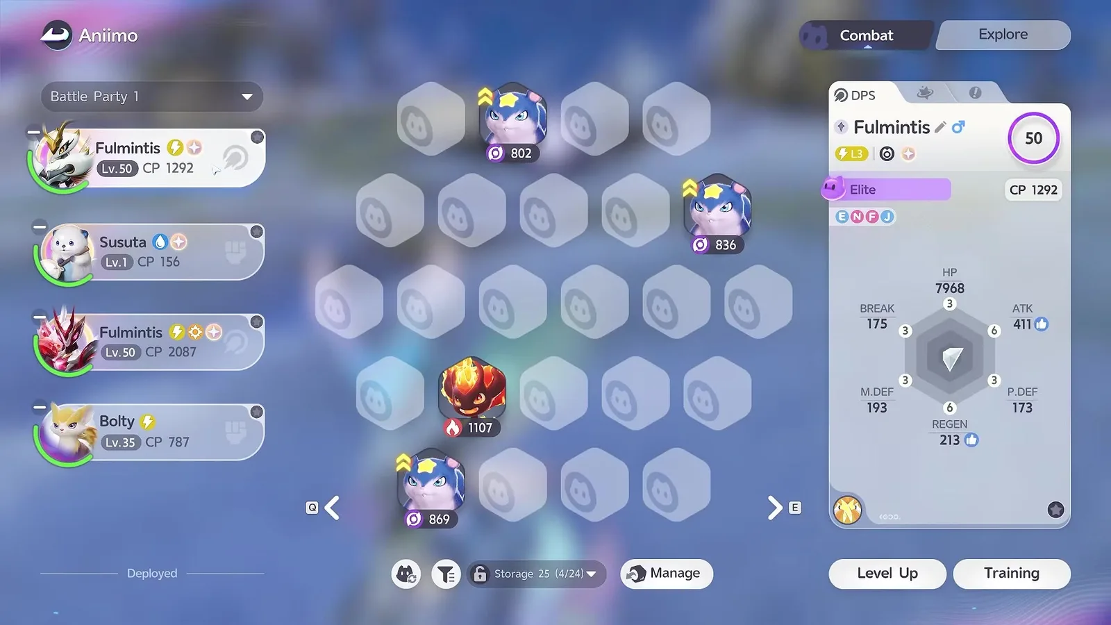 The Aniimo Management screen with Battle Party 1 listing Fulmintis at Lv.50 CP 1292, Susuta, a second Fulmintis at CP 2087 and Bolty, and the Fulmintis stat card open on the right