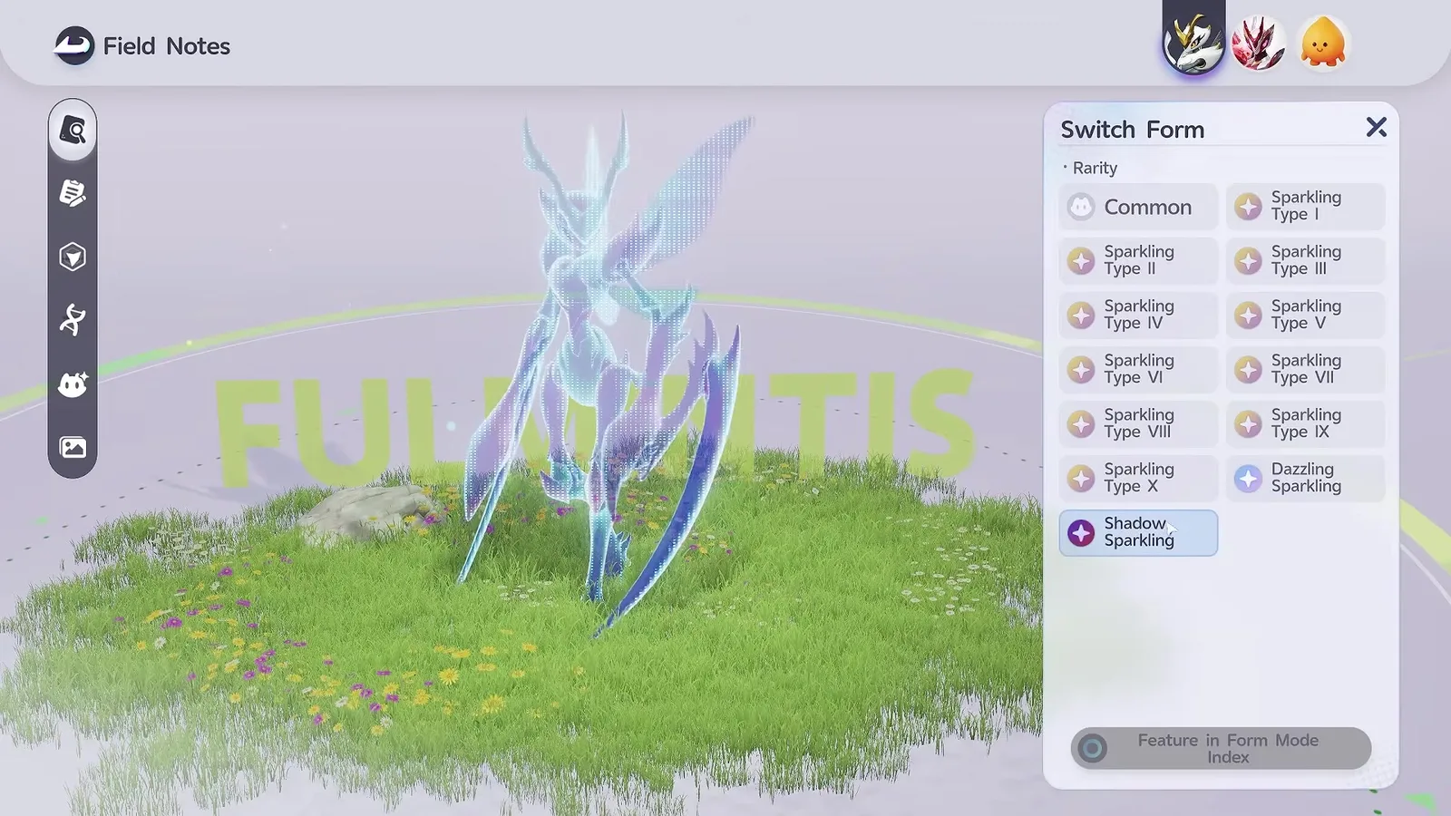 Shadow Sparkling previewed on a Fulmintis in Aniimo, selected in the Switch Form list with a purple star badge, the model drawn as a translucent preview because the Aniimo does not own the style