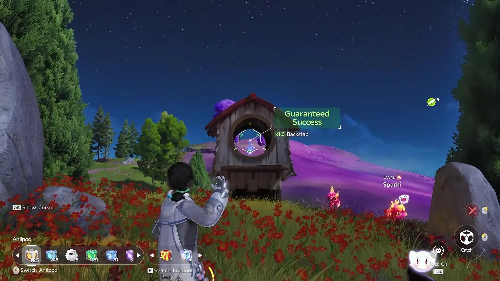 A Sparkling Cube thrown at a wild Aniimo in a birdhouse in Aniimo, the catch reticle reading Guaranteed Success with a 1.5 times Backstab bonus and a Lv.46 Sparki nearby