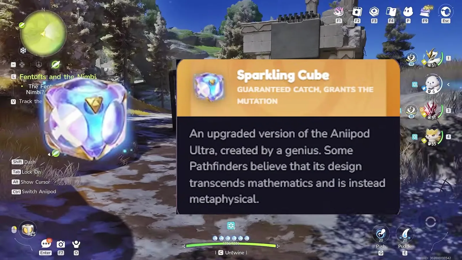 The Sparkling Cube item card in Aniimo reading guaranteed catch, grants the mutation, an upgraded version of the Aniipod Ultra created by a genius whose design transcends mathematics