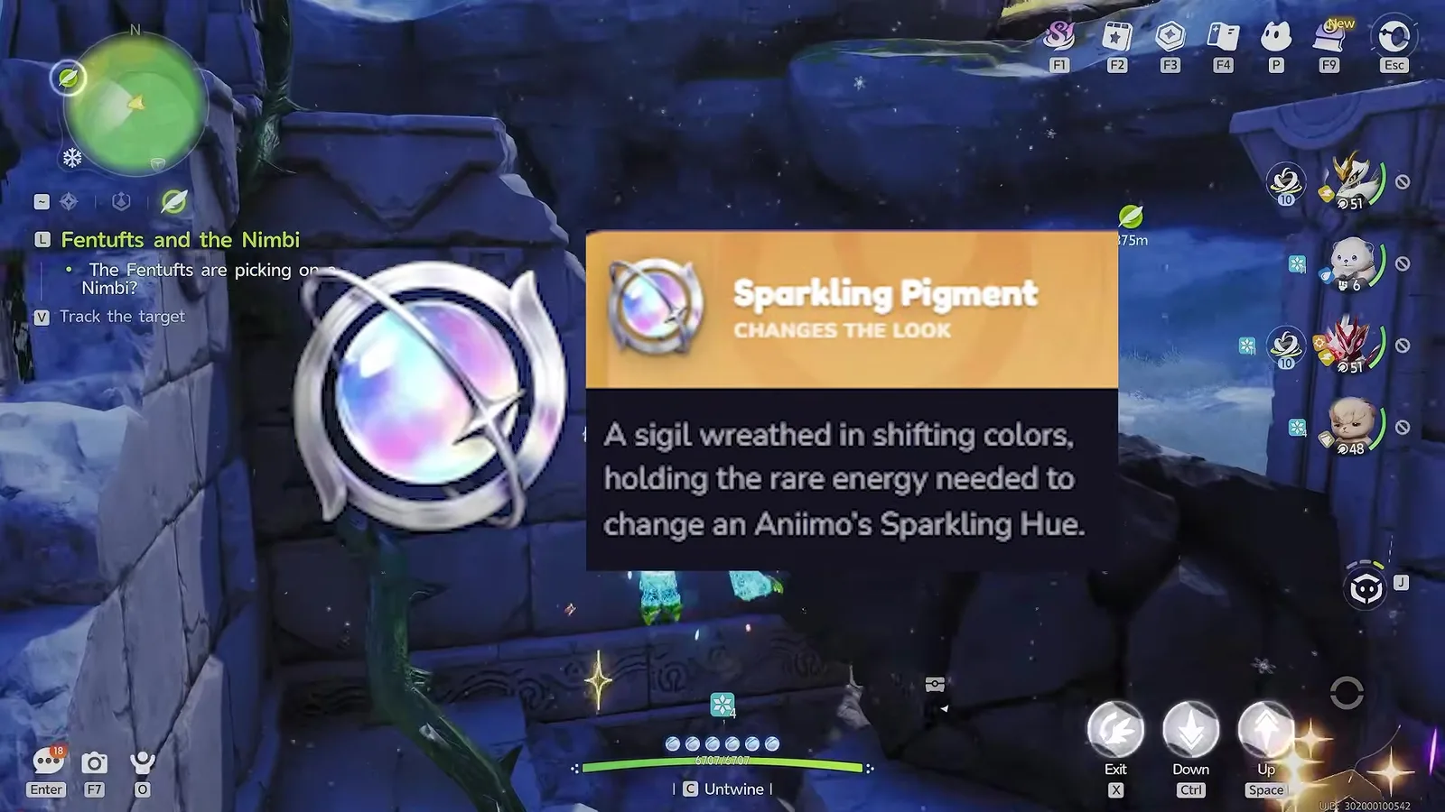 The Sparkling Pigment item card in Aniimo reading changes the look, a sigil wreathed in shifting colors holding the rare energy needed to change an Aniimo’s Sparkling Hue