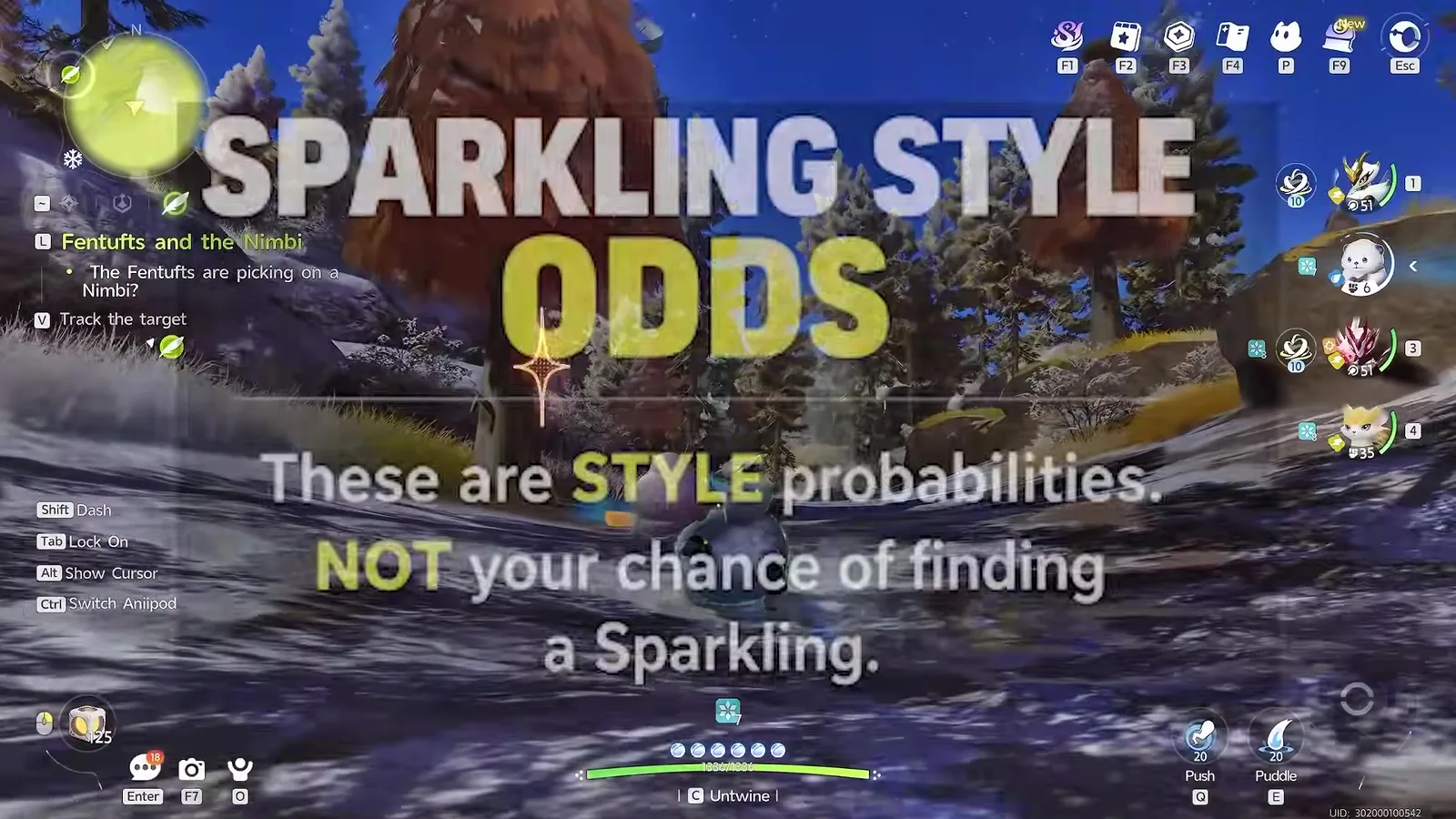 AniimoSync’s Aniimo title card reading Sparkling Style Odds, these are STYLE probabilities, NOT your chance of finding a Sparkling, over snowy Rowtower Woods footage