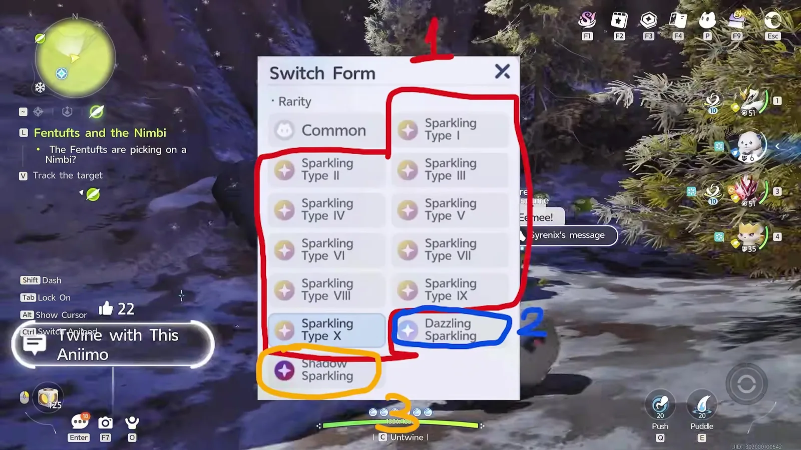 Aniimo Switch Form panel annotated by AniimoSync: a red box 1 around Sparkling Type I to Type X, a blue circle 2 around Dazzling Sparkling, an orange circle 3 around Shadow Sparkling