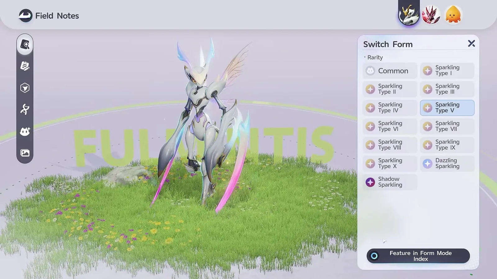 Aniimo Switch Form panel on Fulmintis listing Common, Sparkling Type I to Type X, Dazzling Sparkling and Shadow Sparkling, with Sparkling Type V highlighted beside the solid pink and white model