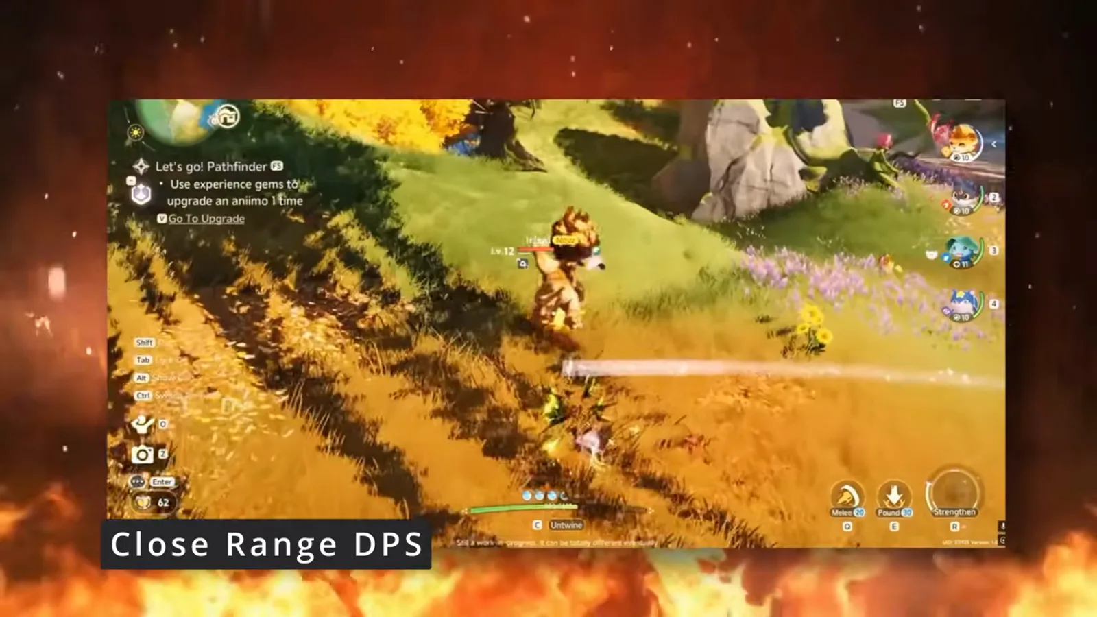 Helion attacking in melee range in a golden field during beta 3, labelled Close Range DPS