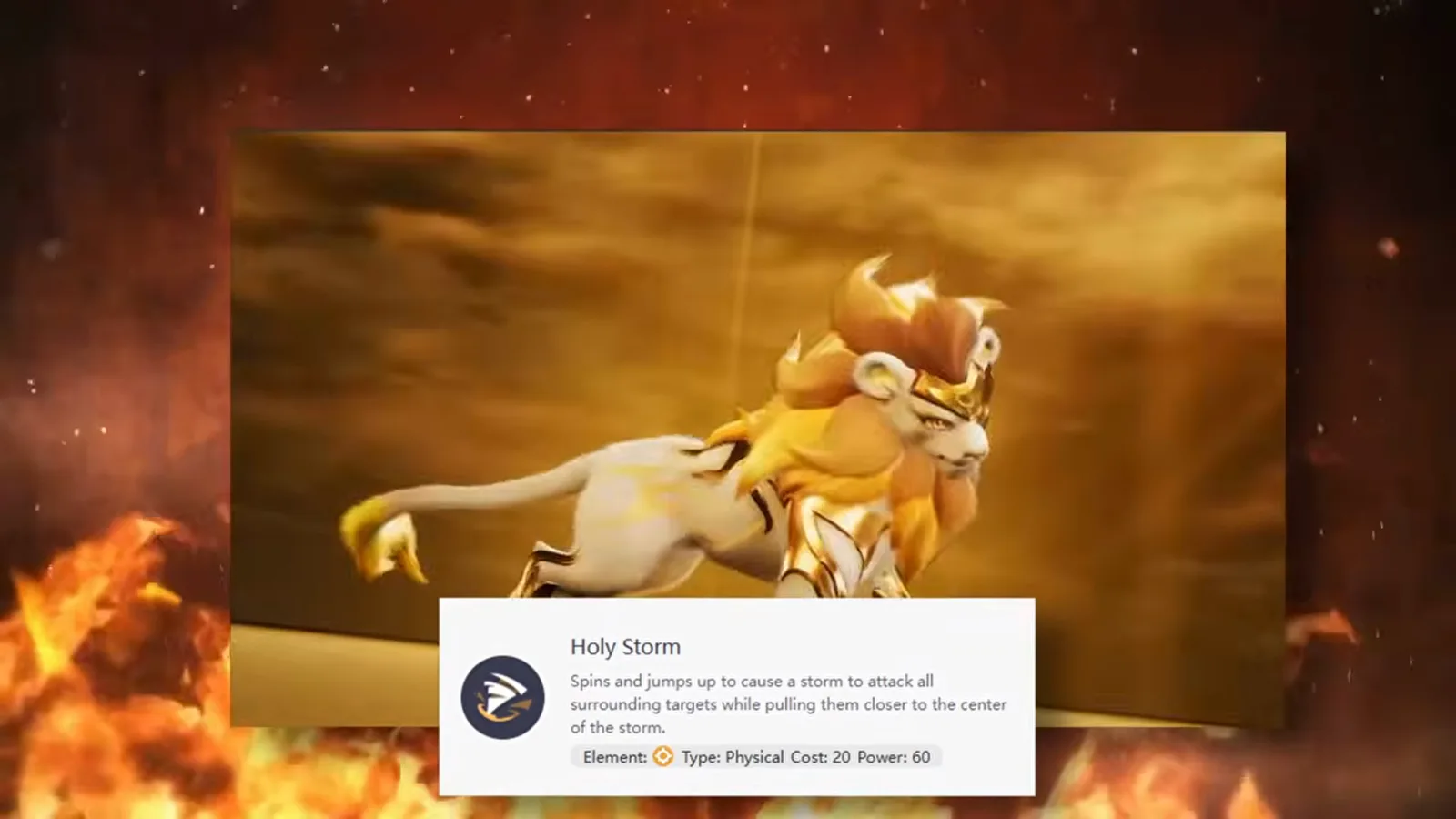 Helion's Holy Storm skill card: a spinning jump that hits every surrounding target and pulls them to the centre, Physical, cost 20, power 60