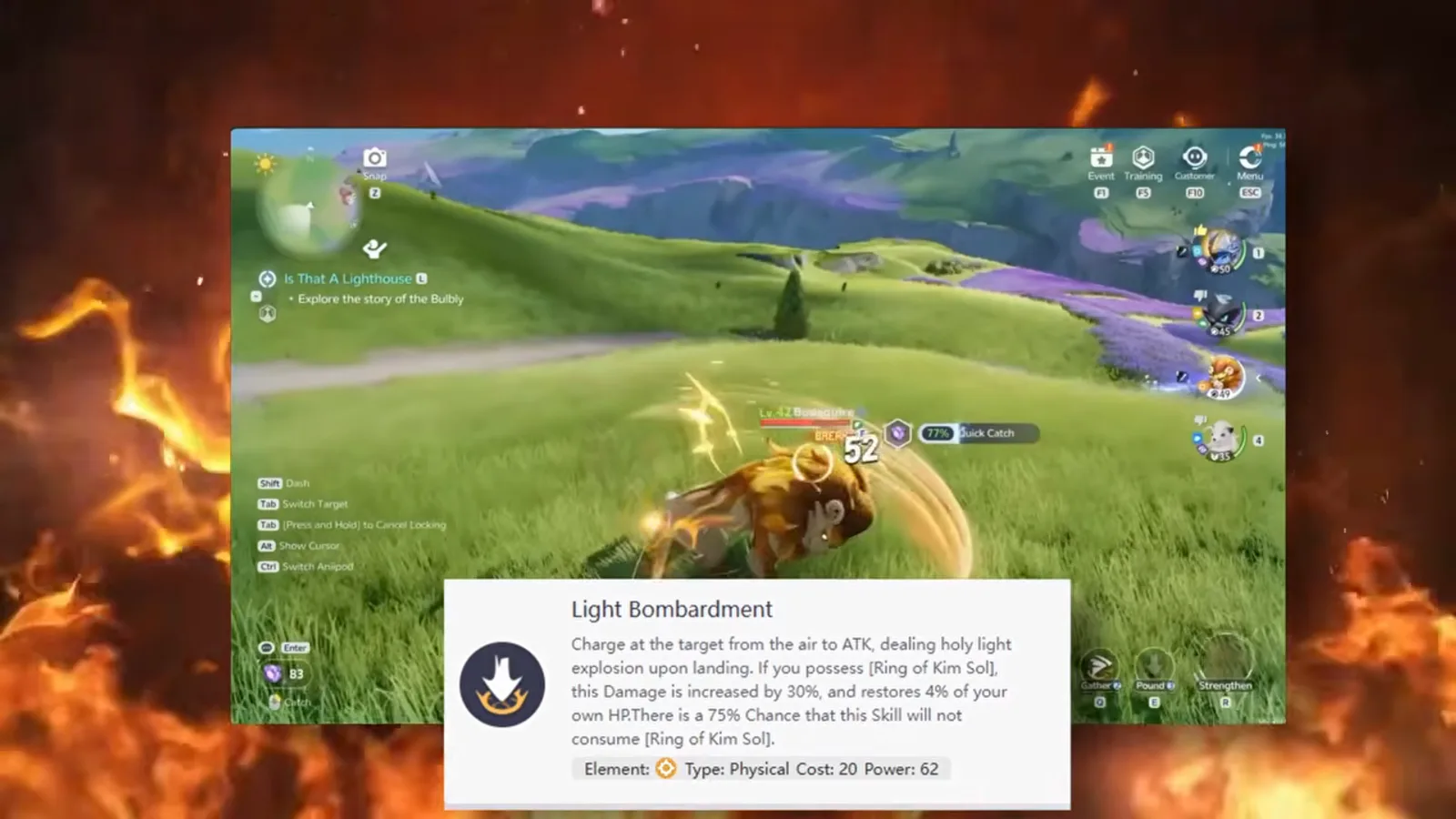 Helion's Light Bombardment skill card: a charge from the air with a holy light explosion on landing, 30% more damage and 4% HP back with the ring, Physical, cost 20, power 62