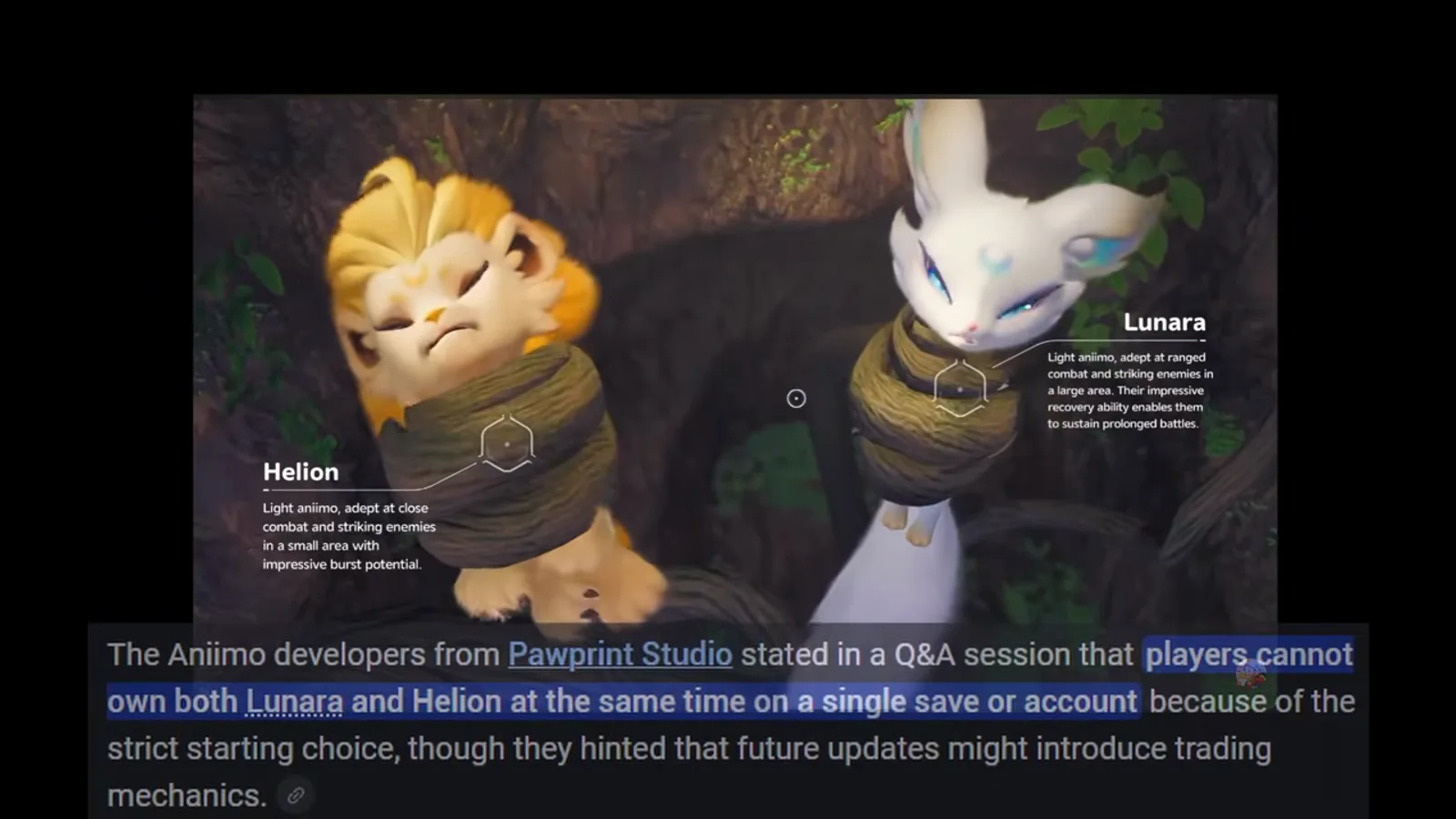 Lunara close-up with Zakku's note: Pawprint Studio said players cannot own both Lunara and Helion on a single save, trading hinted for later