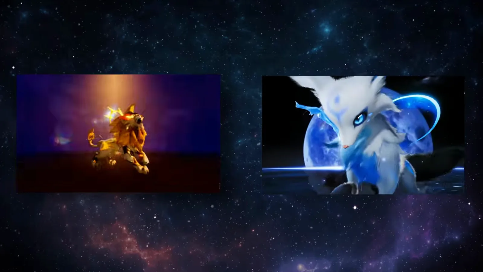 Side by side reveal of the two transformation forms: the red and gold sun lion and the blue moon-marked fox
