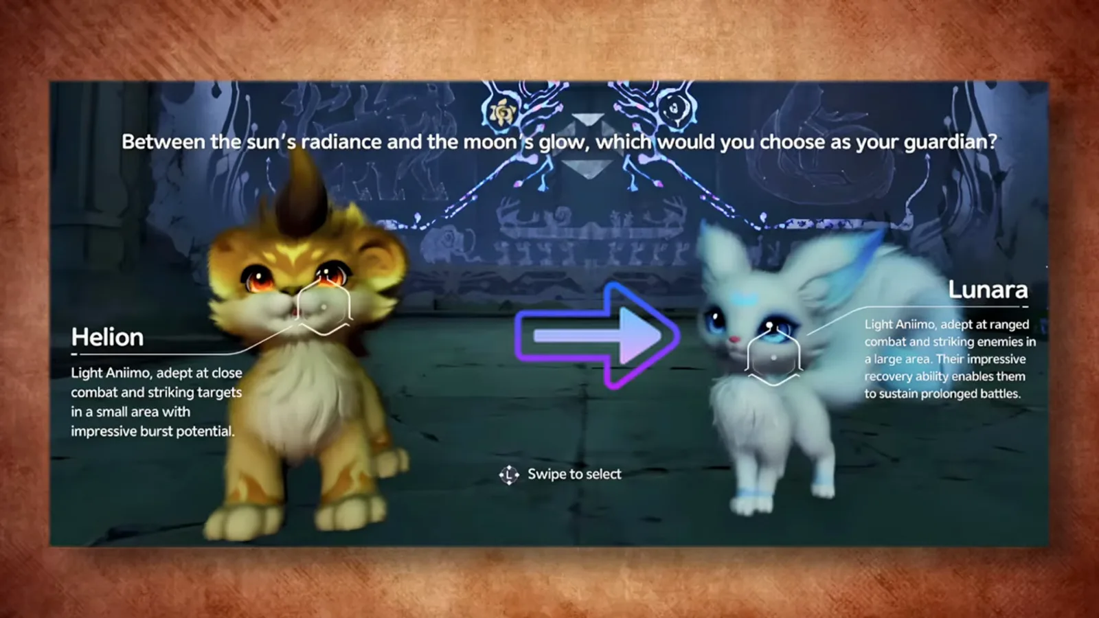 Aniimo's starter selection screen: Helion and Lunara side by side, between the sun's radiance and the moon's glow