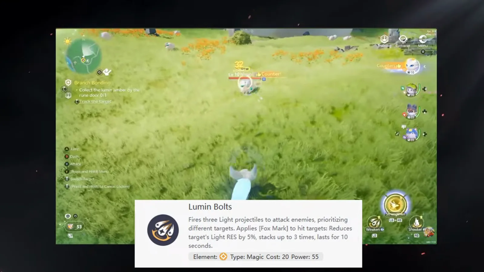 Lunara's Lumin Bolts skill card: three Light projectiles on different targets, Fox Mark cuts Light RES by 5% up to three stacks, Magic, cost 20, power 55