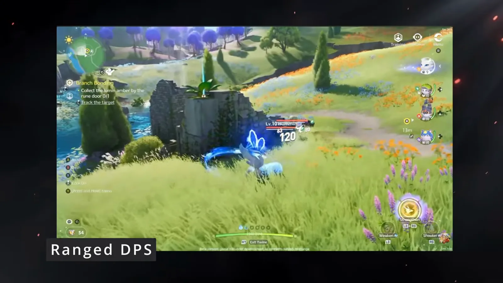 Lunara casting from range in a grassy field during beta 3, labelled Ranged DPS