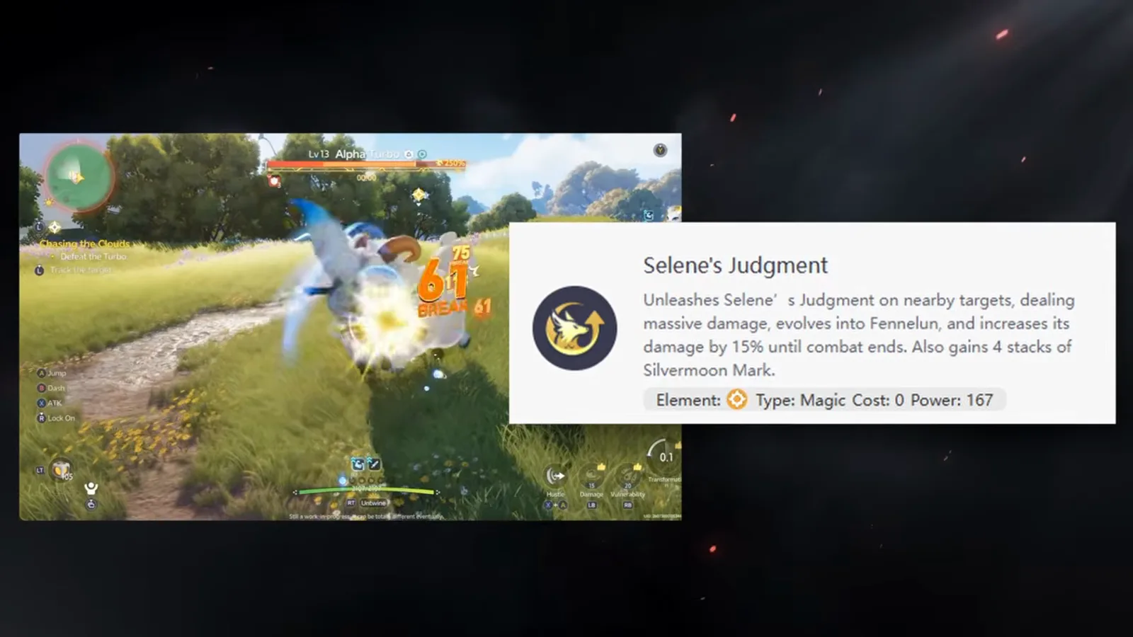 Lunara's Selene's Judgment Ultimate card: massive damage, evolves into Fennelun, 15% more damage until combat ends, four Silvermoon Mark stacks, cost 0, power 167